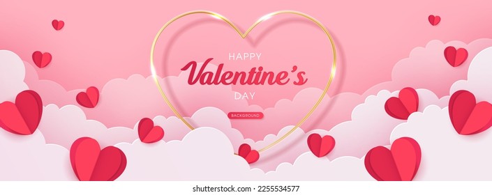 Happy Valentine's day poster or banner template. beautiful paper cut white clouds with hearts on pink background. place for text. vector design.