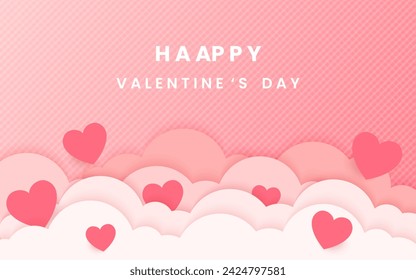 Happy valentine's day poster or banner with many sweet heart on pink background and clouds. Modern background of valentine's day romance hearts vector template editable. Illustration vector 10 eps.