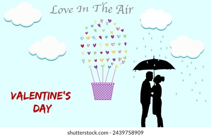 Happy Valentine's Day Poster or banner with cute Couple With sweet hearts Basket on Sky background.