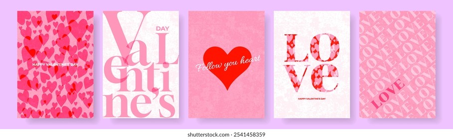 Happy Valentines Day poster, banner, card set. Creative concept for celebration, ads, branding, cover, label, sales. Design template with hearts and modern typography.