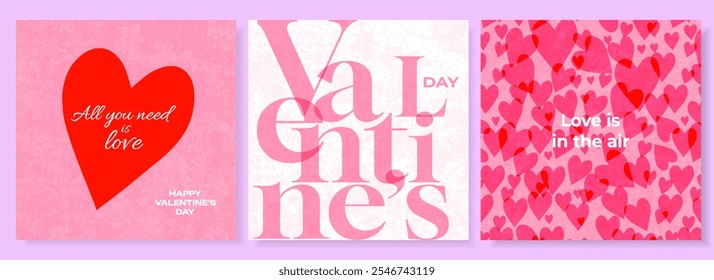Happy Valentines Day poster, banner, card set. Creative concept for celebration, ads, branding, cover, label, sales. Design template with hearts and modern typography.