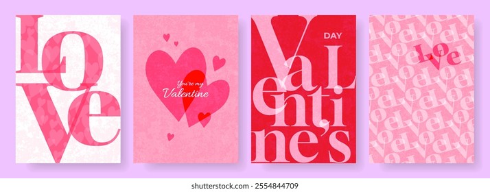 Happy Valentines Day poster, banner, card set. Creative concept for celebration, ads, branding, cover, label, sales. Design template with hearts and modern typography.