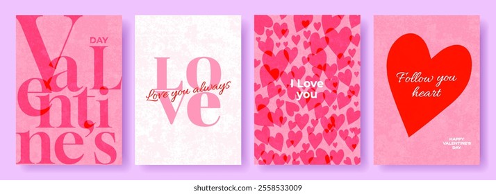 Happy Valentines Day poster, banner, card set. Creative concept for celebration, ads, branding, cover, label, sales. Design template with hearts and modern typography.