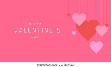 Happy Valentine's day poster. Banner with with hanging hearts. Vector drawing, celebration card with pink background, image for Valentine's Day.