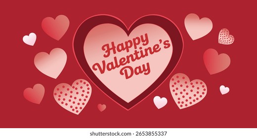 happy Valentine's Day Poster or banner with many red,pink and white color hearts vector illustration design.