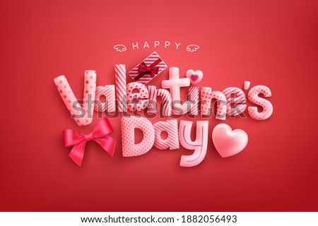 Happy Valentine's Day Poster or banner with cute font,sweet hearts and gift box on red background.Promotion and shopping template or background for Love and Valentine's day concept Сток-фото © 