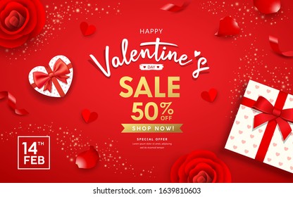 Happy Valentine's day Poster banners gift box heart shape, Rose petals and ribbon sale design on red background, vector illustration