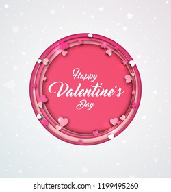 Happy Valentine's Day poster. Beautiful greeting card for holiday and celebration day of lovers. Cute postcard with paper colorful multilayer shapes with hearts. 3d origami, paper cut and craft style