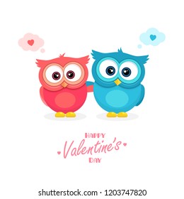 Happy Valentine's Day poster. Beautiful greeting card for holiday and celebration day of lovers. Cartoon cute postcard with pink and blue funny owls hugging.