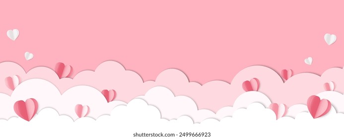 Happy Valentine's Day poster. Beautiful paper cut white clouds with heart on pink background. Design for Anniversary. Banner for showing love. Copy space for text. Papercut style. Vector illustration