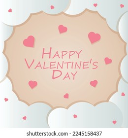 Happy Valentine's Day poster. Calligraphy banner with pink hearts and white clouds. Greeting card template. Vector illustration.