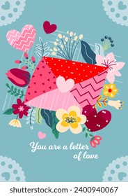 Happy Valentines Day poster. Colorful romantic cover with hearts, love letter, bouquet of flowering plants and inscription. Design element for greeting card. Cartoon flat vector illustration