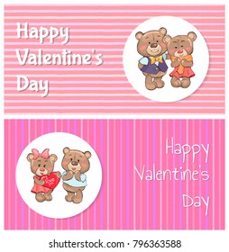 Happy Valentines day poster couple of teddy family, boyfriend and girlfriend bears in cute cloth, with red heart, vector isolated merry lovers postcard