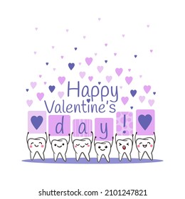 Happy Valentine's Day. Poster with cute smiling teeth with hearts on a white background. Stomatology concept. Flat style cartoon character illustration. Dental kids care banner. Vector