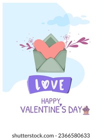 Afiche del Feliz Día de San Valentín. Afiche lindo con carta de amor en sobre con flores florecientes e inscripción. Gentil tarjeta de saludo para vacaciones románticas 14 de febrero. Dibujo vectorial plano de dibujos animados