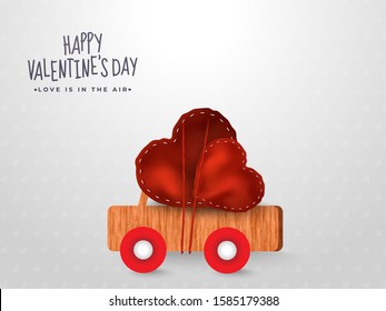 Happy Valentine's Day Poster Design with Hearts Shape Patch Stitches in Wooden Truck on Grey Background.