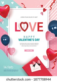 Happy Valentine's Day poster design with gift, balloons, and ribbons.
