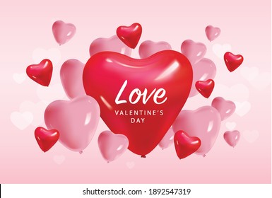 Happy Valentine's Day poster design with lots of heart shape balloons