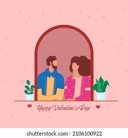 Happy Valentine's Day Poster Design With Faceless Romantic Couple Looking Each Other And Plant Pots On Peach Background.