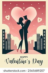 happy valentines day poster design with couple silhouette in the city flat vector illustration