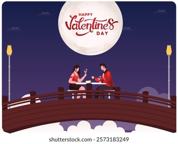 Happy Valentine's Day Poster Design with Faceless Couple Character Enjoying Dating Night on Bridge.