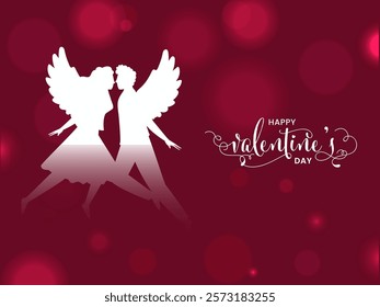 Happy Valentine's Day Poster Design with Silhouette Love Angel Couple on Red Bokeh Background.