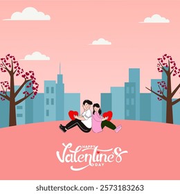 Happy Valentine's Day Poster Design with Cartoon Couple Sitting in Front of Buildings and Heart Trees on Peach Background.