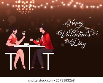 Happy Valentine's Day Poster Design with Romantic Couple Enjoying Date at Restaurant Table on Brown Background.