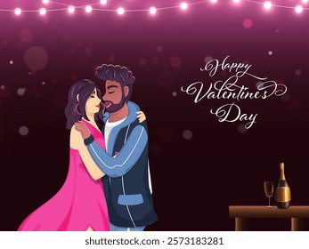 Happy Valentine's Day Poster Design with Romantic Couple Standing in Front of Champagne Bottle and Glass on Table.