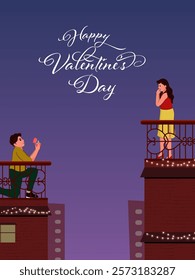 Happy Valentine's Day Poster Design with Man Proposing to His Girlfriend on Their Roof.