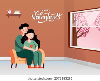 Happy Valentine's Day Poster Design with Cartoon Couple Sitting at Armchair at Home.