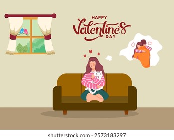 Happy Valentine's Day Poster Design with Cartoon Girl Imagine Hugging Her Partner and Cat Pet at Sofa.