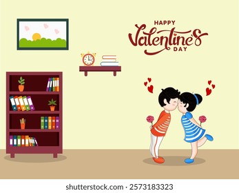 Happy Valentine's Day Poster Design with Cartoon Cute Couple Kissing at Home.