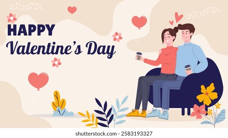 Happy Valentine's Day Poster Design with Cartoon Couple Sitting at Armchair and holding a cup of coffee.