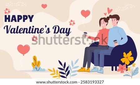 Happy Valentine's Day Poster Design with Cartoon Couple Sitting at Armchair and holding a cup of coffee.
