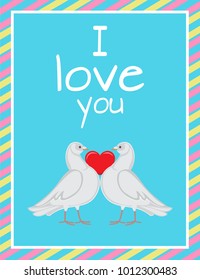 Happy Valentines Day poster doves holding red heart symbol of love by neck, vector illustration of pigeons together forever
