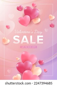 Glückliches Valentinstag-Poster oder Flyer auf pastellrosa violettem Hintergrund. Promotion und Shopping Vorlage für Liebe und Valentinstag Konzept.