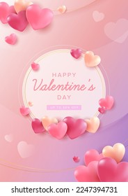 Glückliches Valentinstag-Poster oder Flyer in runder Form auf pastellrosa violettem Hintergrund. Promotion und Shopping Vorlage für Liebe und Valentinstag Konzept.