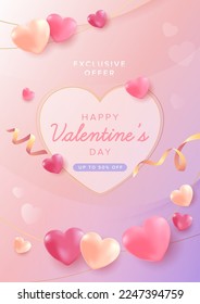 Happy Valentine's Day Poster or Flyer in heart shape on pastel pink purple background. Promotion and shopping template for love and Valentine's day concept.