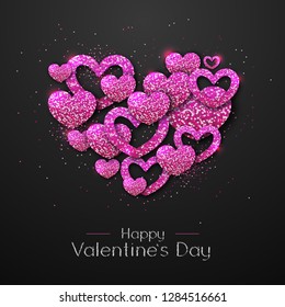 Happy Valentines day poster. Golden sparkle love heart symbol