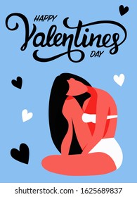 Happy Valentines day. Poster with greeting post card of woman fore st. Valentines day.Greeting post for social media. Vector