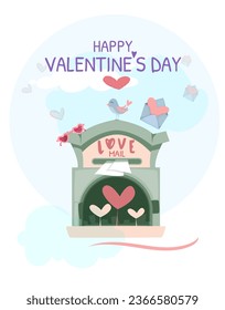 Happy Valentines Day poster. Greeting card with mailbox, carrier pigeon, romantic letters in envelopes and pink hearts. Love and tenderness. Design for 14 February. Cartoon flat vector illustration