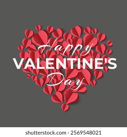 Happy Valentine's Day Poster and Greeting Text. Trendy Banner with Paper Cut Heart. Fashion Card with 3D Elements for Mother's Day, Women, Sale, Advertisement, Web, Cover, Poster, Banner, Flyer, Socia