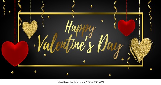 Happy Valentine's Day poster with handwritten lettering, glossy red and gold glitter hearts, ribbons and confetti. Vector illusration EPS 10 file