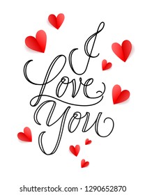 Happy Valentines Day Poster with Handwritten Calligraphy Text and Paper Red Hearts, Isolated on White Background. Vector Illustration.