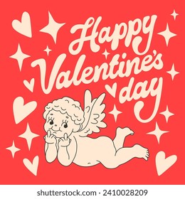 Happy Valentines Day poster with handwritten calligraphy text and funny Cupid Angel in retro cartoon style. Colorful background. Vector Hand Drawn Illustration