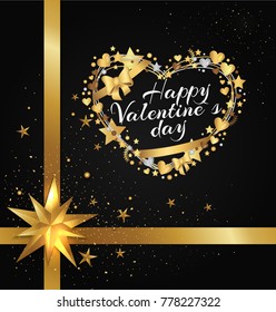 Happy Valentines Day poster with heart made of decorative bow, golden stars, sparkling elements on black background with decorative ribbons in corner