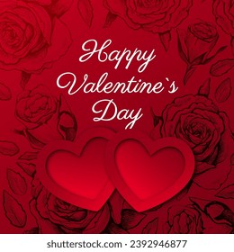 Happy Valentine's Day poster with hearts, hand-drawn roses, and text. Vector modern illustration