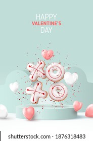 Happy Valentine's Day poster. Holiday background with white and pink hearts, round stage, realistic XO cookies and confetti. Vector illustration with 3d render object.