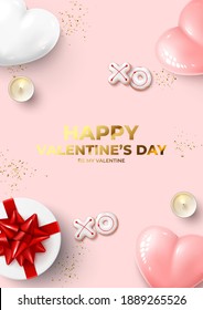 Happy Valentine's Day poster. Holiday background with realistic XO cookies, candles, gift box, balloons and confetti. Vector illustration with 3d decorative object for Valentine's Day.